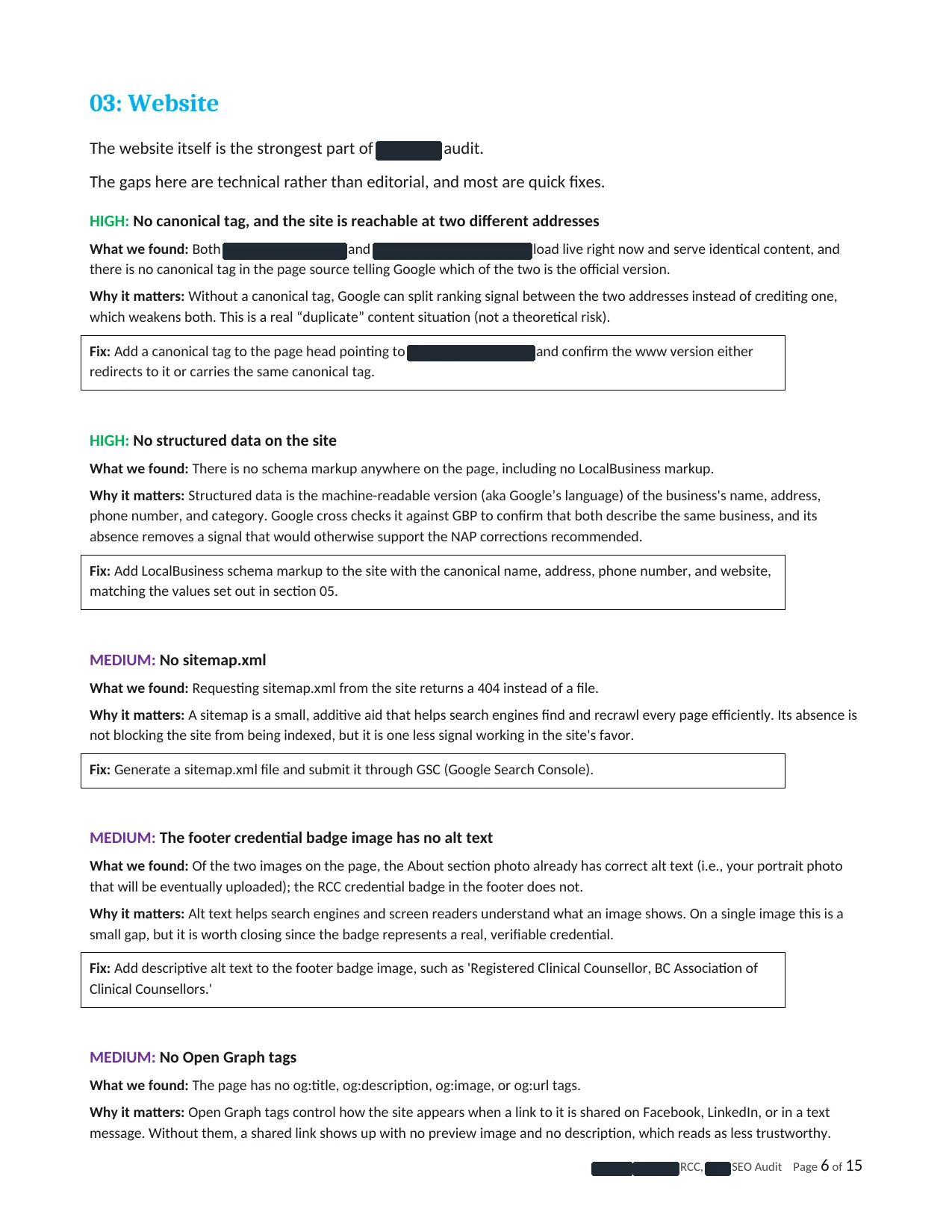 Website page from a counselling practice's local SEO audit: each issue is rated high or medium, with what was found, why it matters and the fix. The practice's name and web address are blacked out.