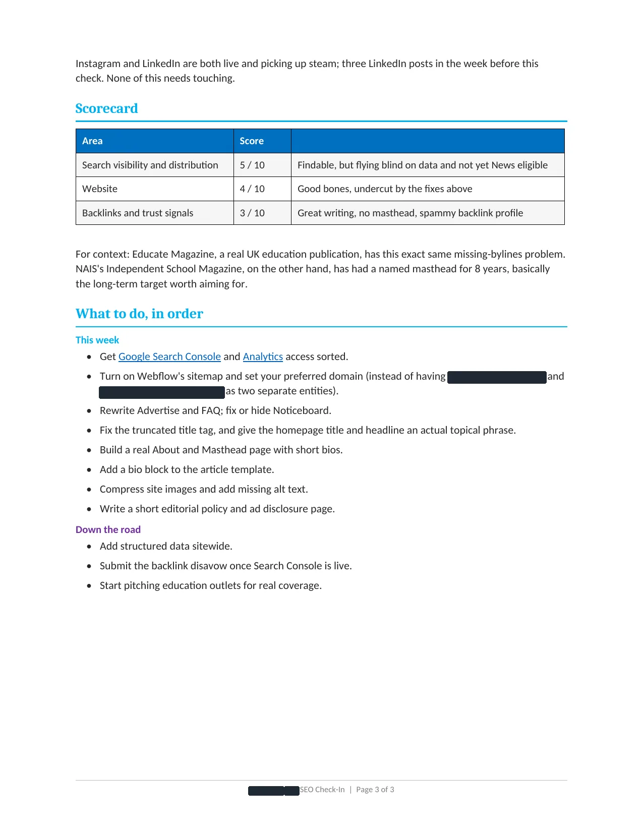 Final page of an online publication's SEO check-in with a scorecard and a prioritised to-do list. Names and web addresses are blacked out.