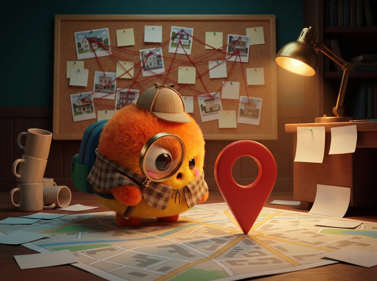 Wren in a deerstalker hat peering at a giant map pin through a magnifying glass, in front of a corkboard of clues joined by red string
