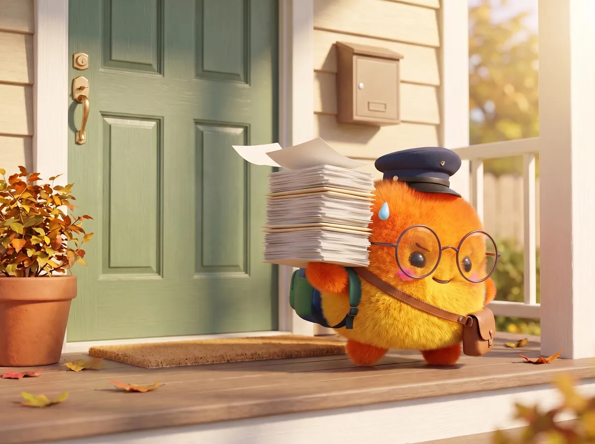 Wren in a mail carrier cap wobbling towards a front door with a towering stack of papers, a few sheets slipping off the top