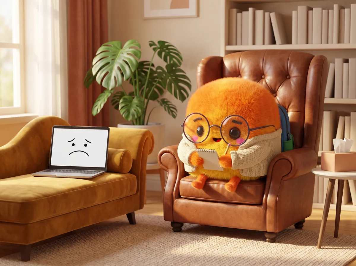 Wren in a big leather armchair taking notes while a sad-faced laptop lies on a chaise lounge like a therapy client